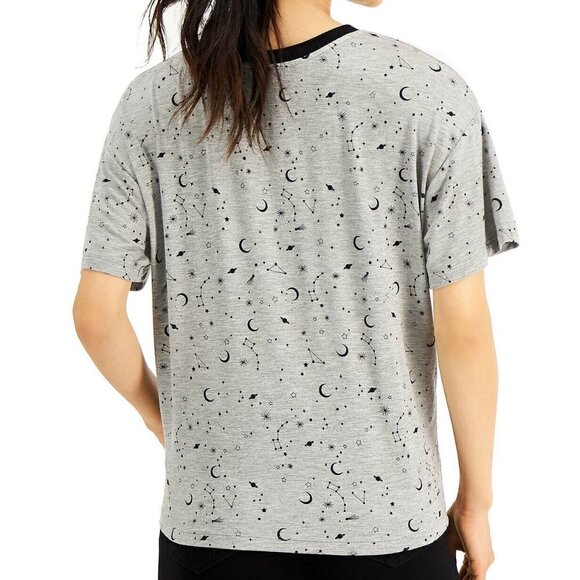 𝅺JR213 Self Esteem Juniors' Celestial Printed Knot-Front Ringer T-Shirt Size M - Picture 1 of 2